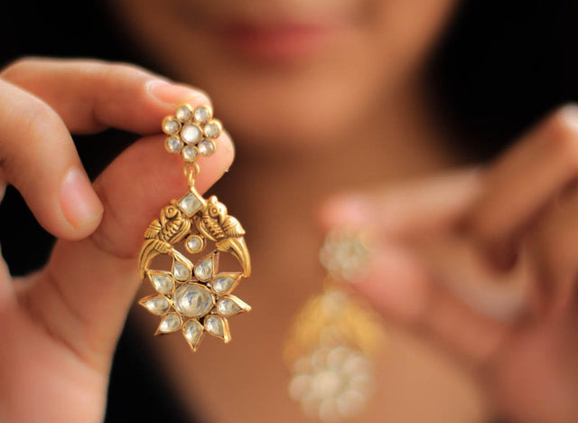 Essence Kundan Jadau Gold Plated Dual Parrot Earrings