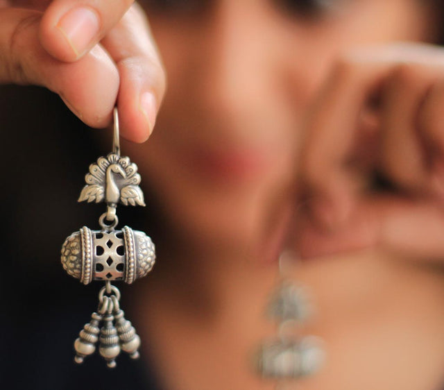 Moh Peacock Motif Dholak Drop Earrings