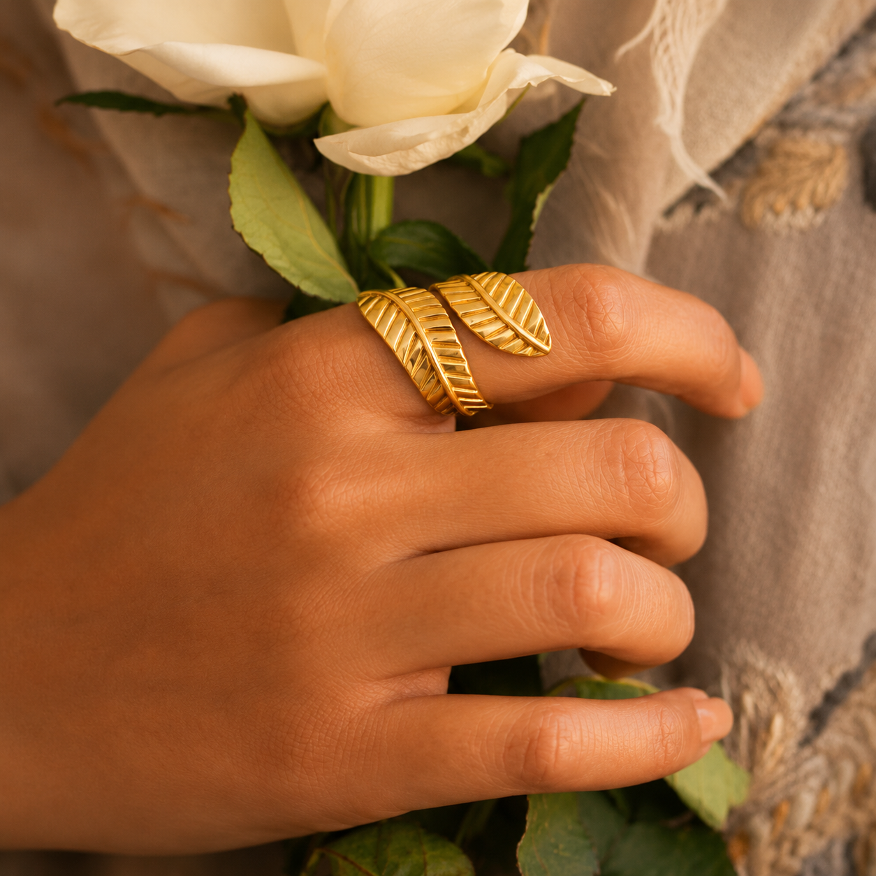 Qurbat Intricate Dual Leaf Ring