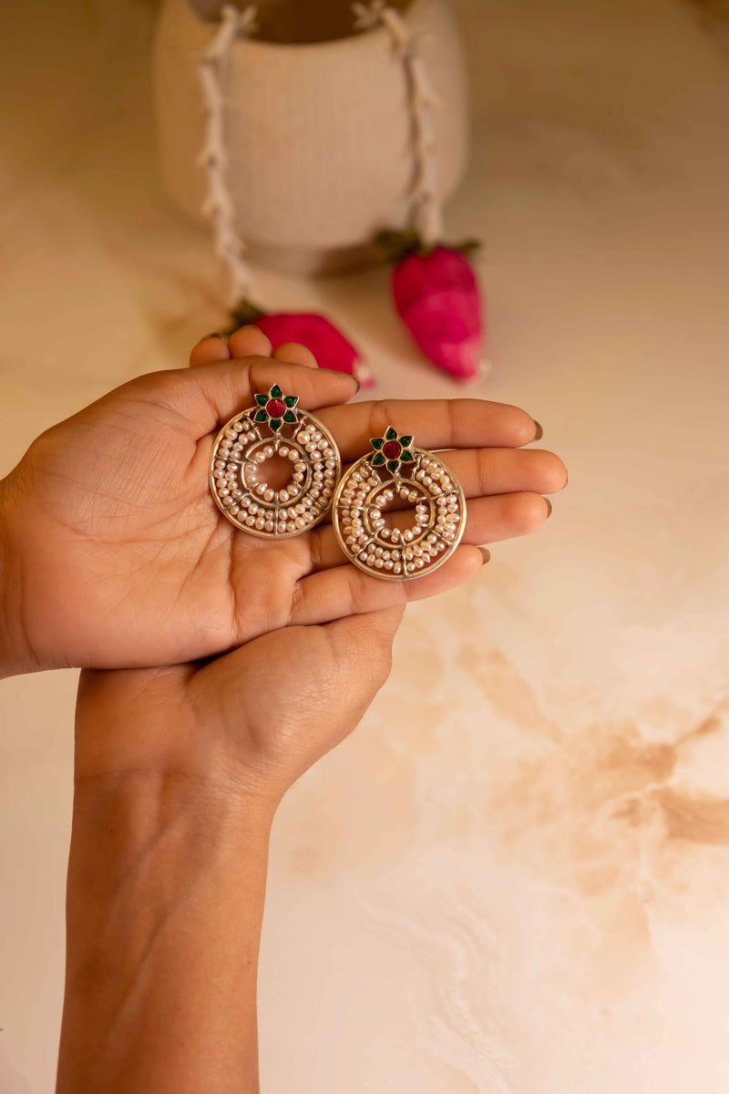 Qurbat Concentric Pearl Kundan Flower Motif Statement Stud Earrings
