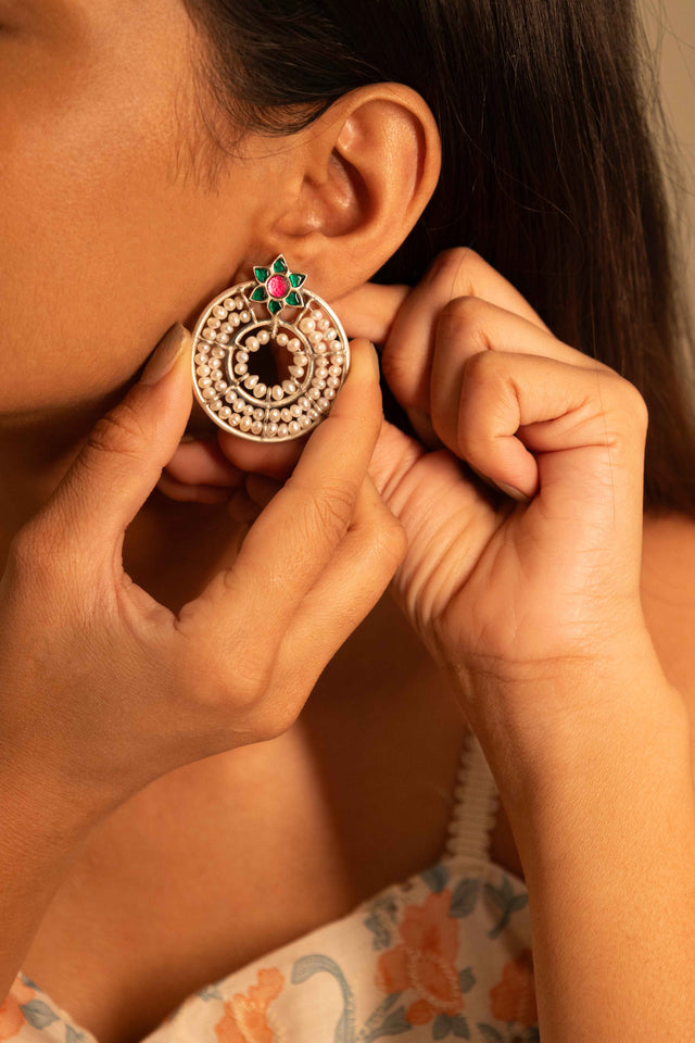 Qurbat Concentric Pearl Kundan Flower Motif Statement Stud Earrings