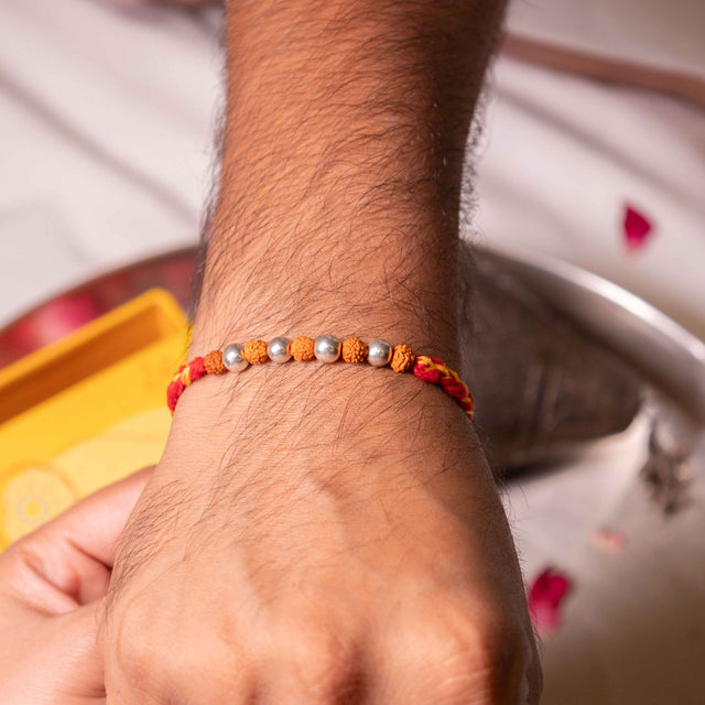 925 pure silver rudraksha bead sutra rakhi, detail view