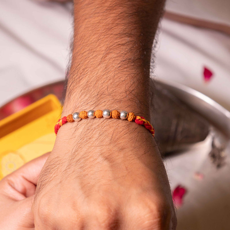 925 pure silver rudraksha bead sutra rakhi, detail view