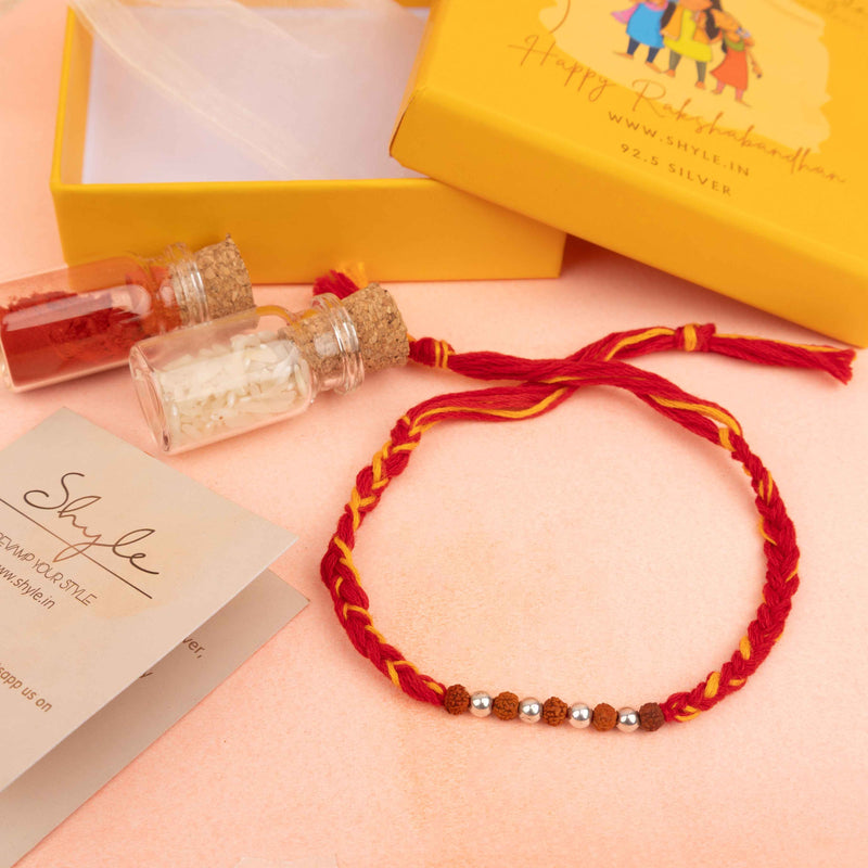925 pure silver rudraksha and silver bead sutra rakhi, side view