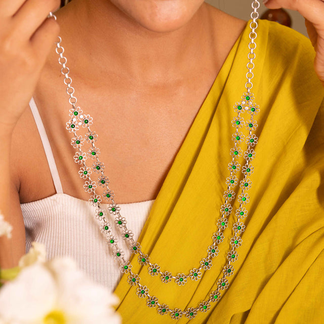 Tattva Carved Flower Two Layered Green Necklace