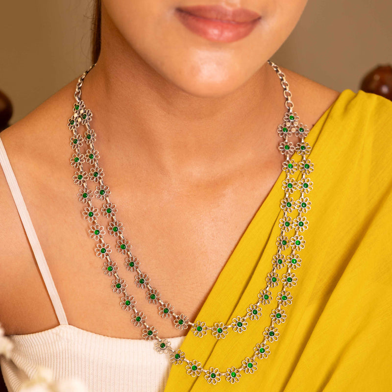 Tattva Carved Flower Two Layered Green Necklace