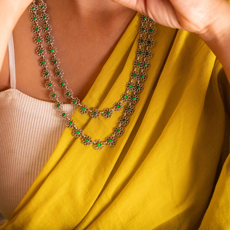 Tattva Carved Flower Two Layered Green Necklace