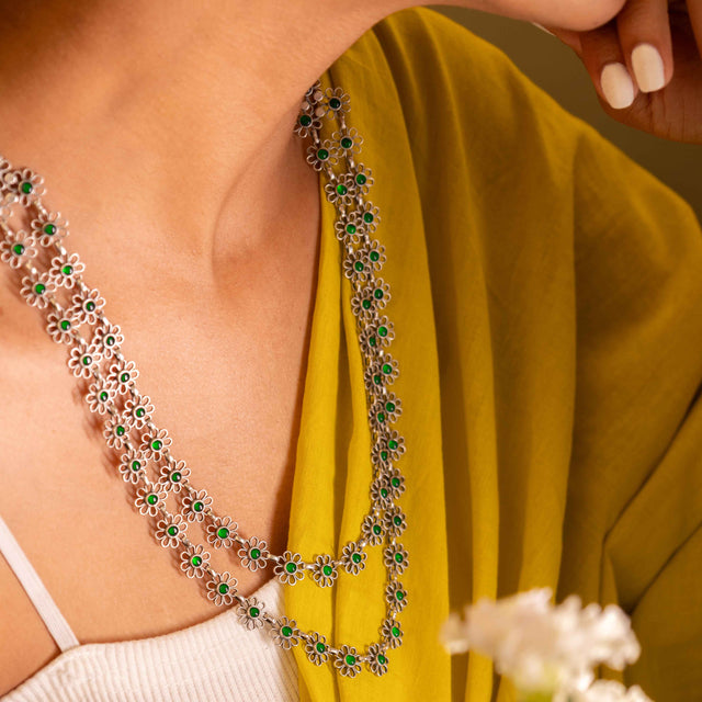 Tattva Carved Flower Two Layered Green Necklace