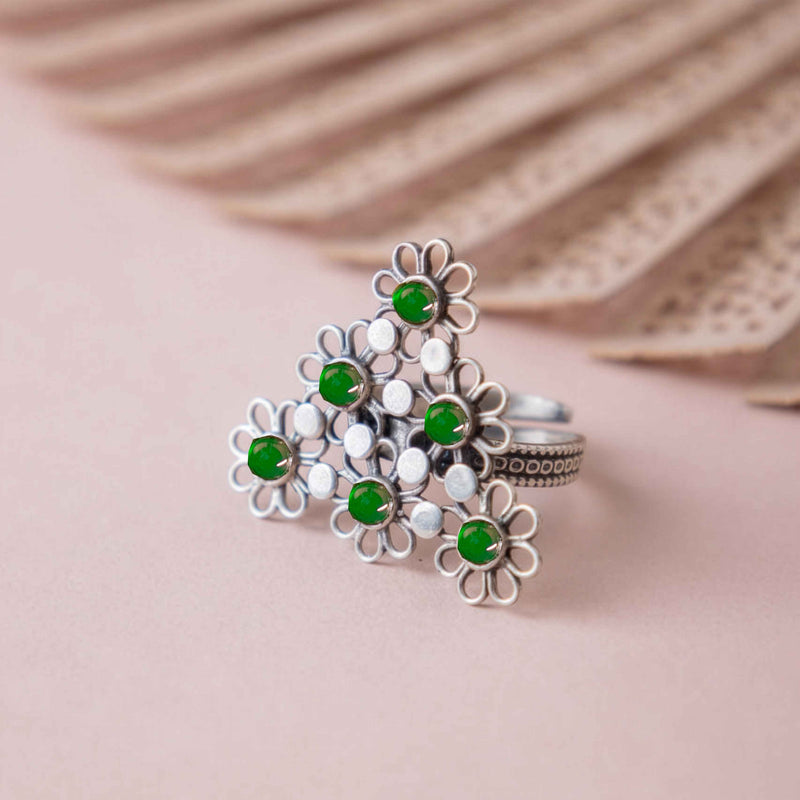 Tattva Carved flower statement green ring