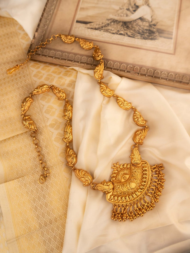 Anvaya Peacock Embossed Chandra Gold Tone Statement Necklace