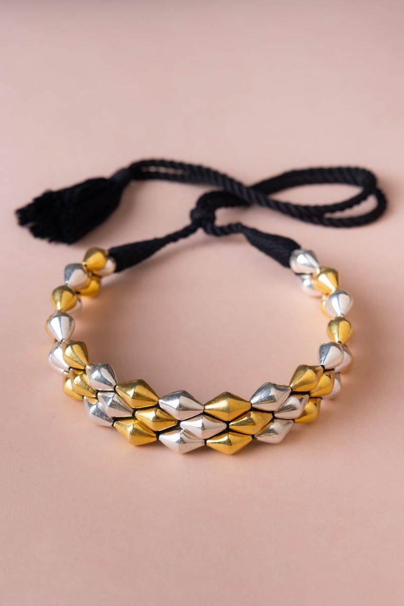 925 pure silver three layer dholki mala dual tone choker, detail view