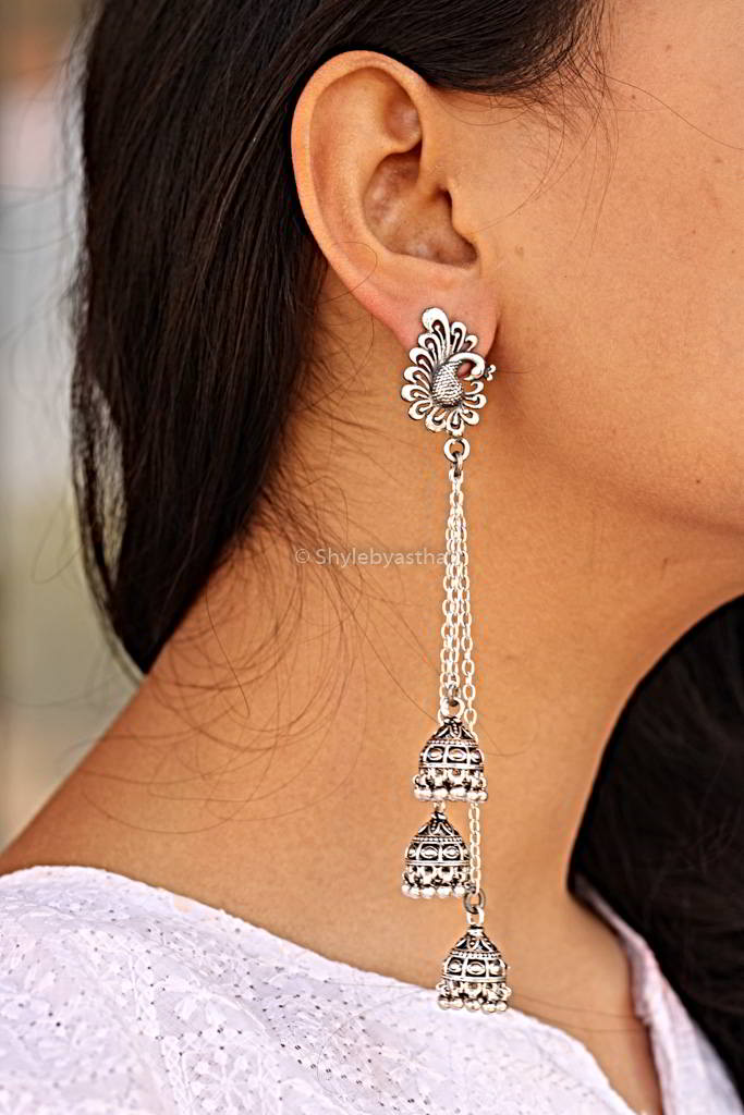 Anvaya Peacock Motif Triple Jhumki Danglers