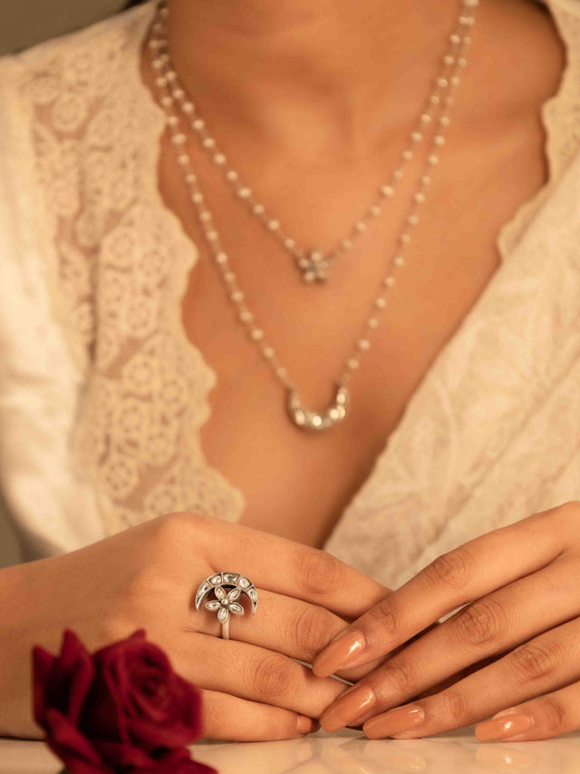 Essence Kundan Chaand Phool Moti Necklace Earring Ring Set