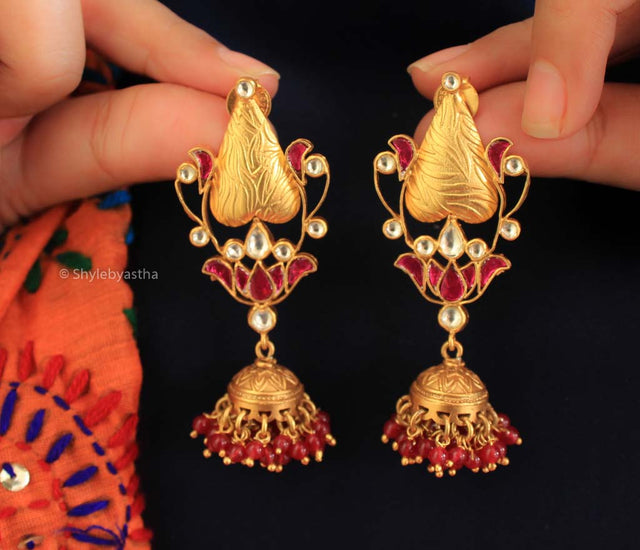 Tattva Meenakari Lotus Kundan Jhumkis