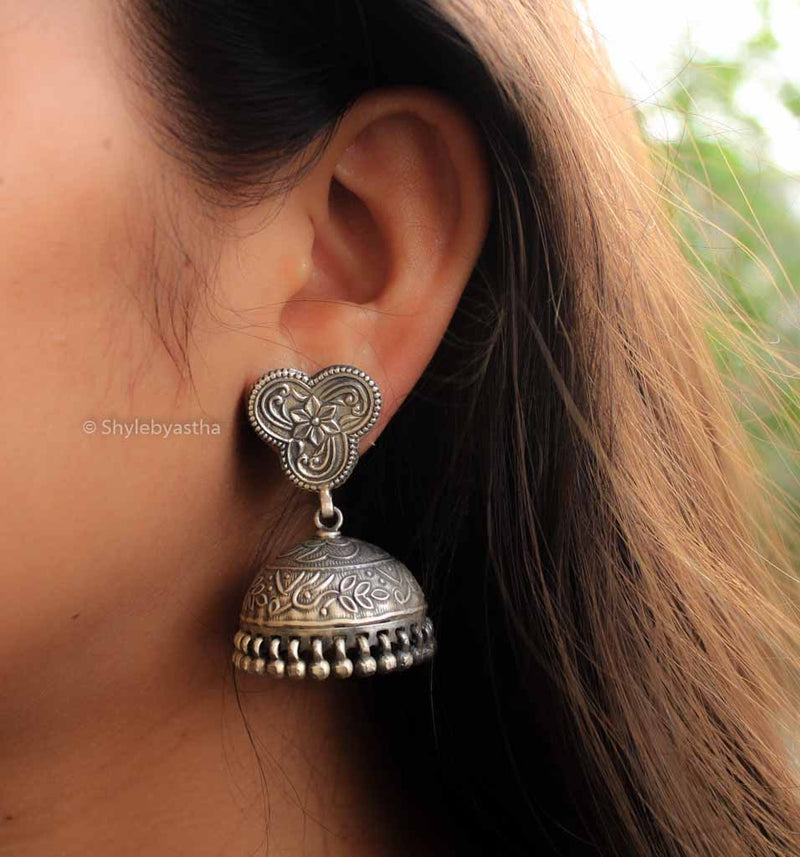 Mizoya Finely Embossed Silver Art Jhumkis