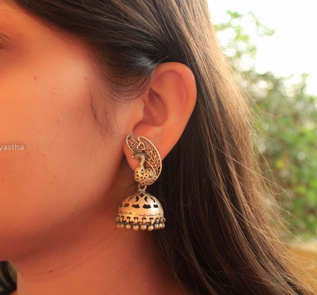 Adya Peacock Motif Matte Finished Jhumkas