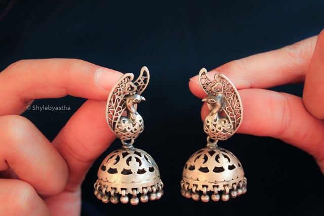 Adya Peacock Motif Matte Finished Jhumkas