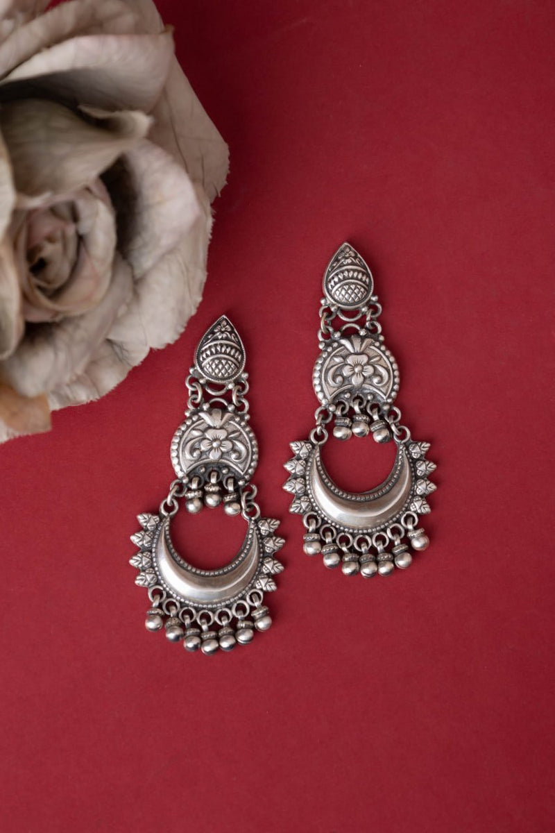 925 pure silver intricate chandra drop earrings, close-up