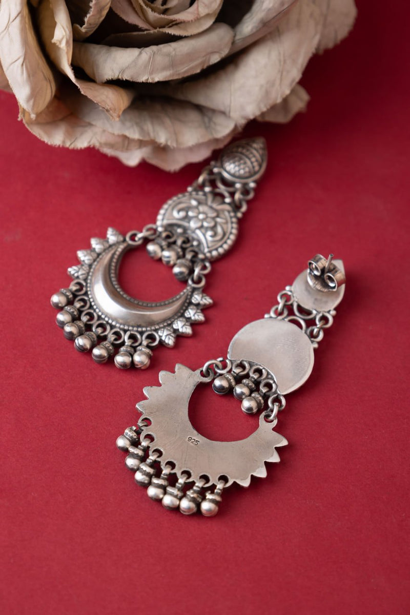 925 pure silver intricate chandra drop earrings, side view