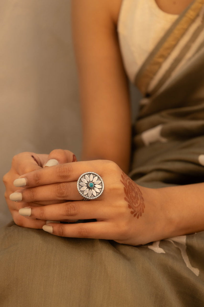 Mizoya Intricate Flower Turquoise Ring