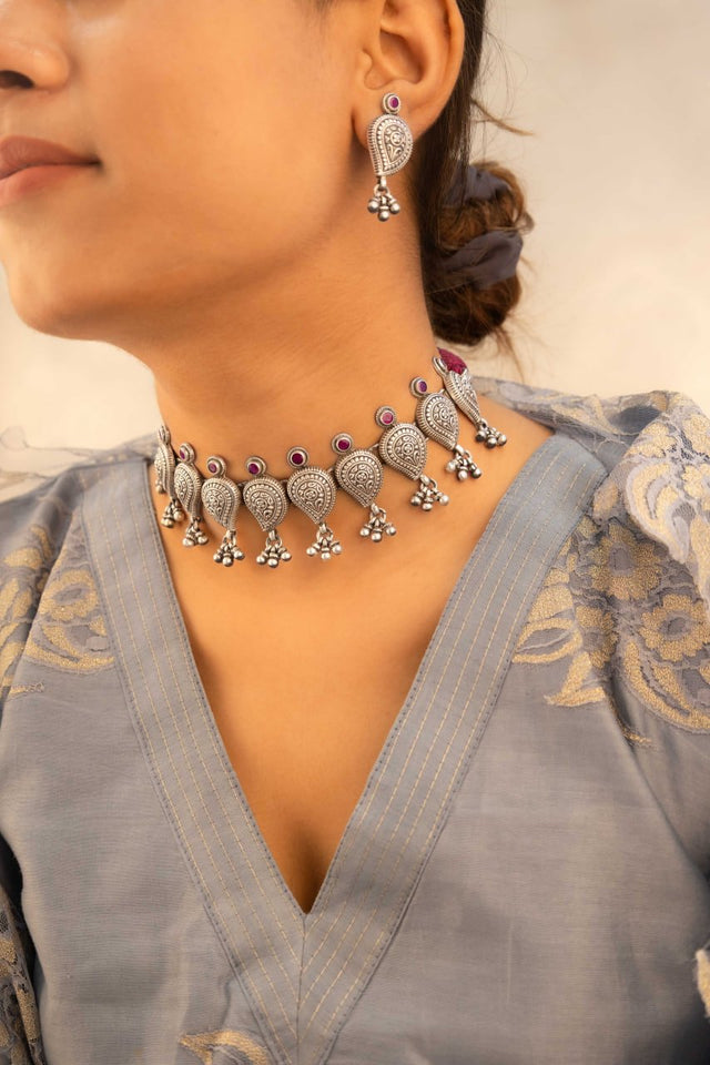 Mizoya Intricate Ghughri Drop Carry Motif Choker Earring Ring Set