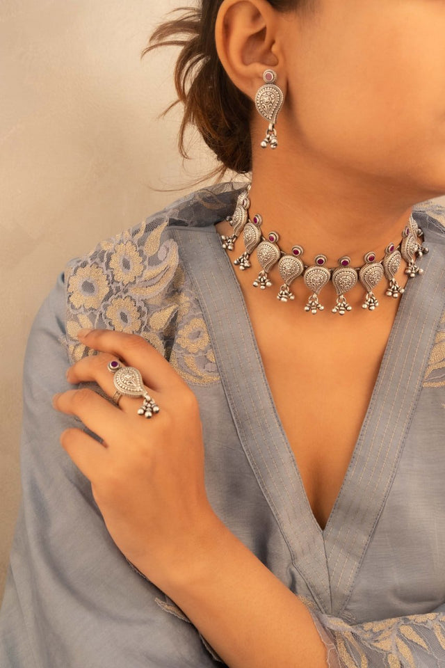 Mizoya Intricate Ghughri Drop Carry Motif Choker Earring Ring Set