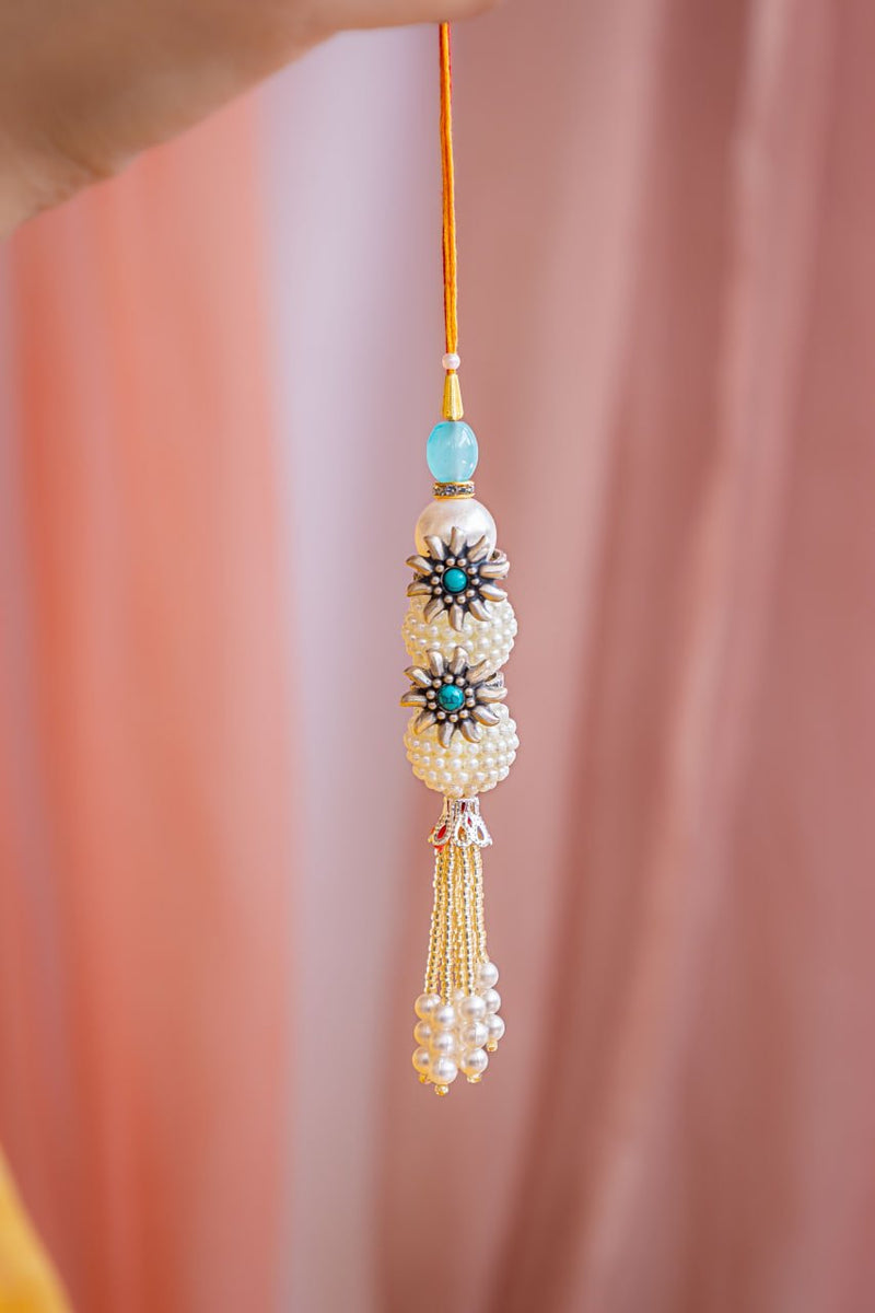 Moh Turquoise Flower Toe Ring Pearl Drop Lumba Rakhi