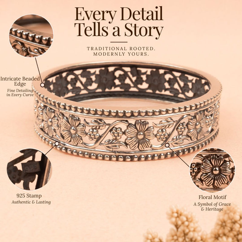 92.5 sterling silver Moh Intricate Flower Leaf Bangle, view 4