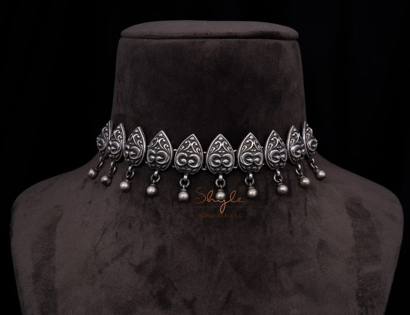 925 pure silver dual peacock ball drop intricate choker, alternate view