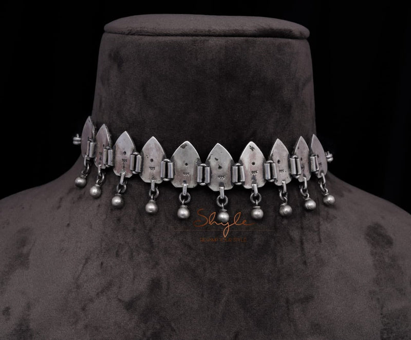 925 pure silver dual peacock ball drop intricate choker, detail view