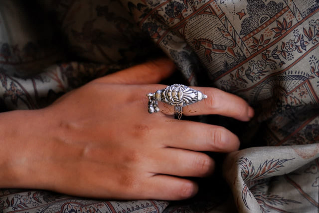 Mizoya Lotus Motif Classic Ghughri Drop Ring