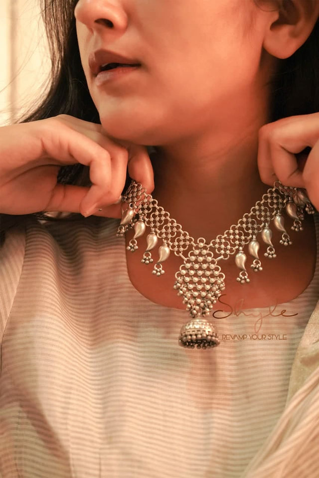 Tattva Intricate Jali Jhumka Drop Statement Necklace Set
