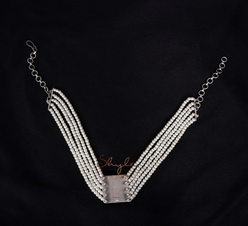 Essence Square Motif Kundan Pearl Statement Choker Set