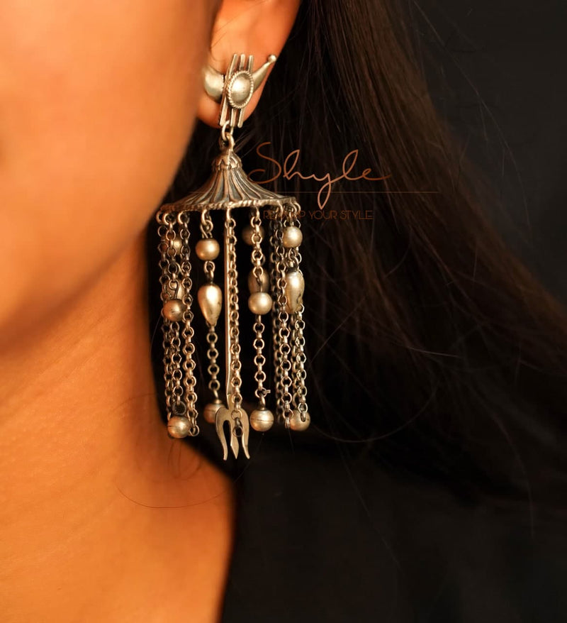 Shiva Chandra Motif Trishul Dangling Statement Earrings
