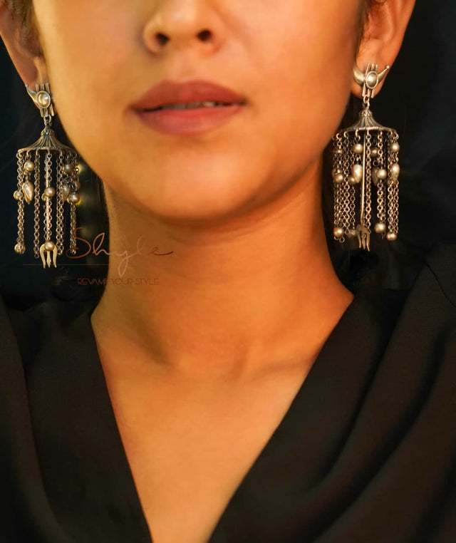 Shiva Chandra Motif Trishul Dangling Statement Earrings