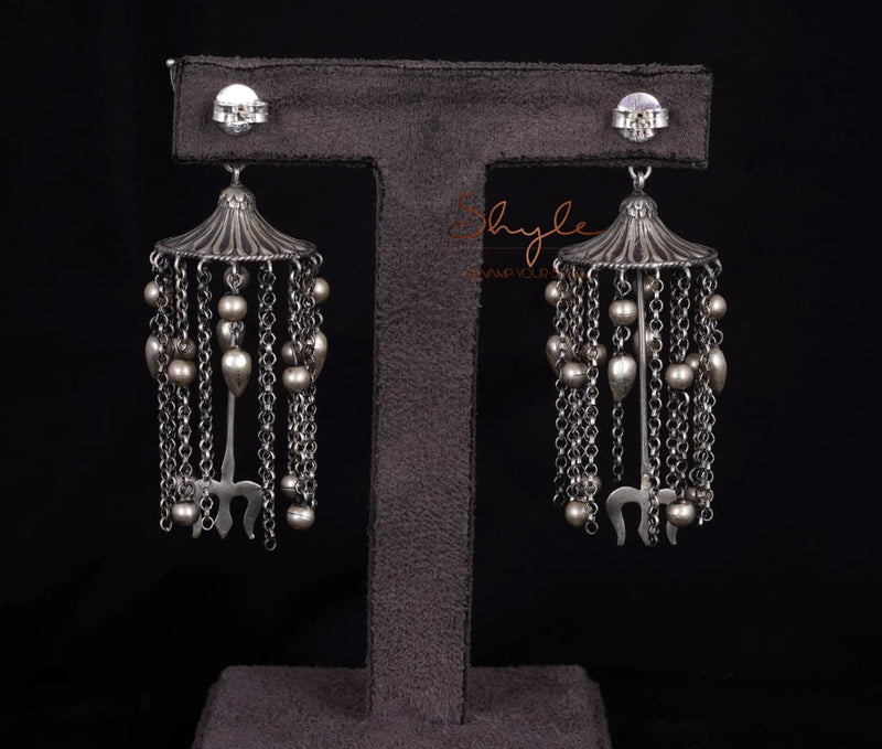 Shiva Chandra Motif Trishul Dangling Statement Earrings