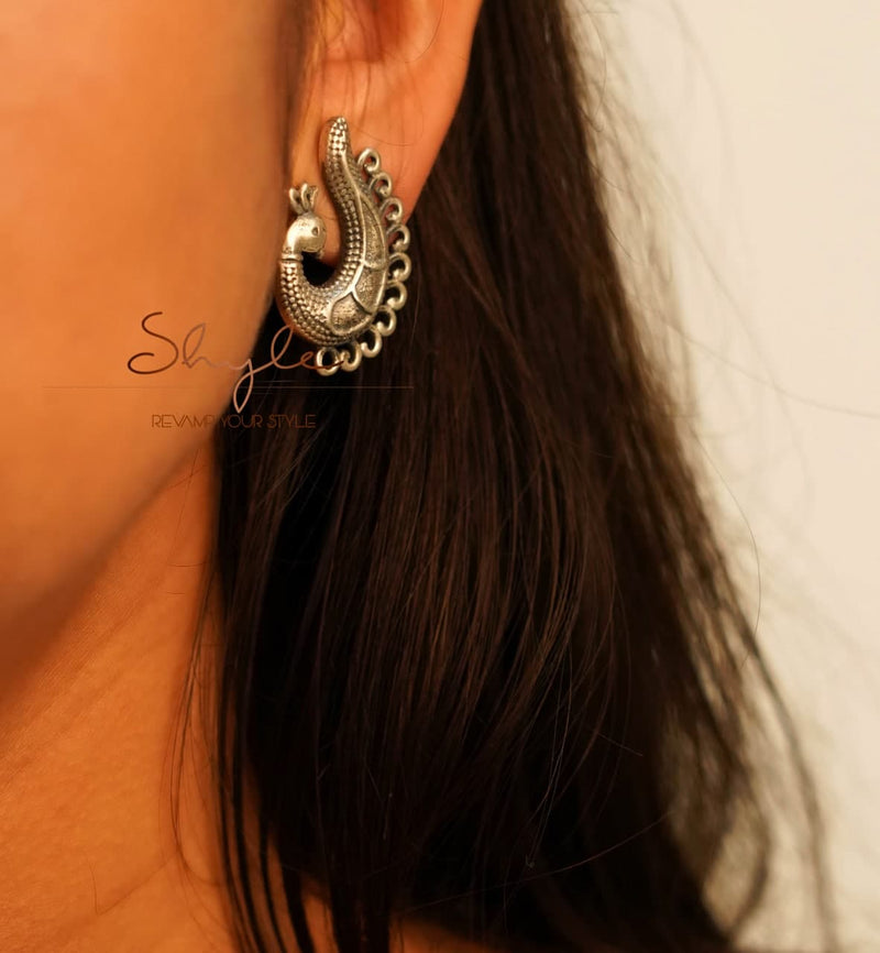 925 pure silver intricate peacock studs, detail view