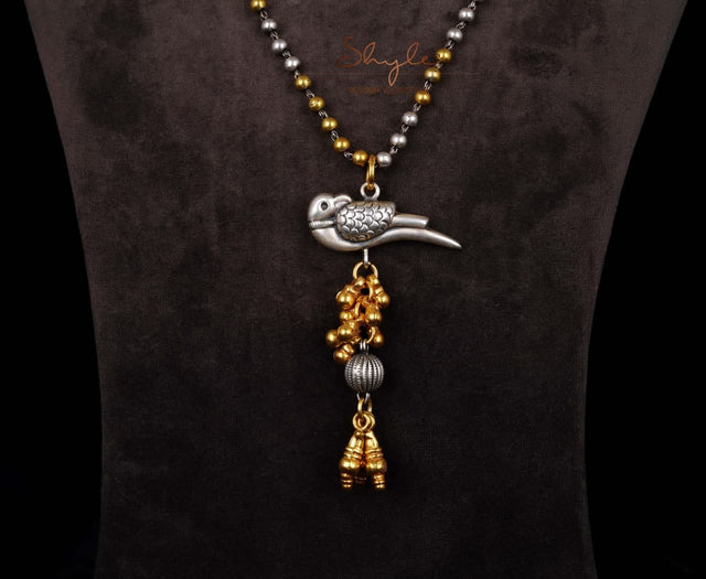 Anvaya Dual Tone Parrot Ghughri Ball Chain Necklace