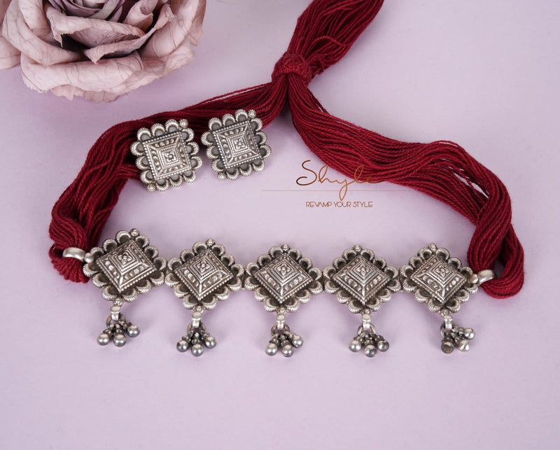 925 pure silver embossed motif ghughri sequence choker set, reverse view