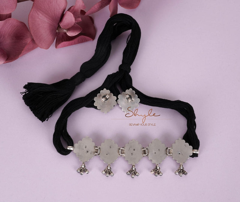 925 pure silver embossed motif ghughri sequence choker set, close-up