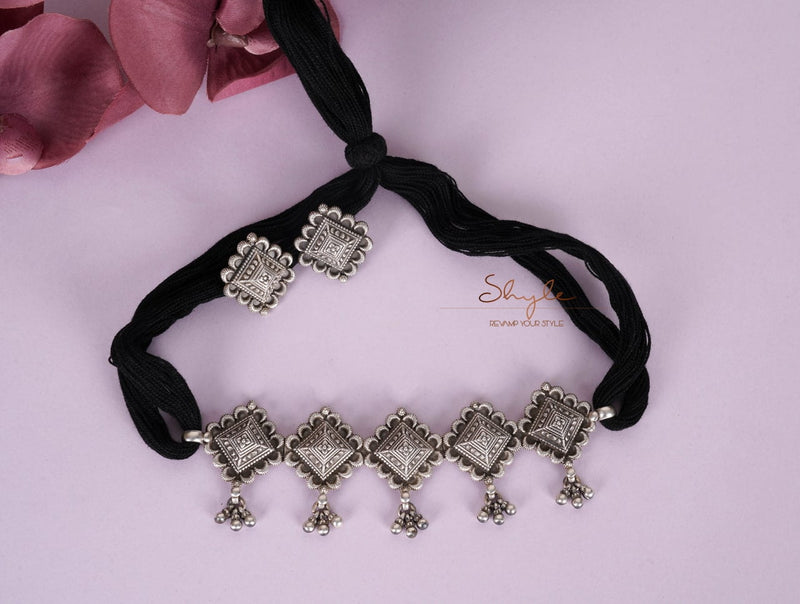 925 pure silver embossed motif ghughri sequence choker set, additional view