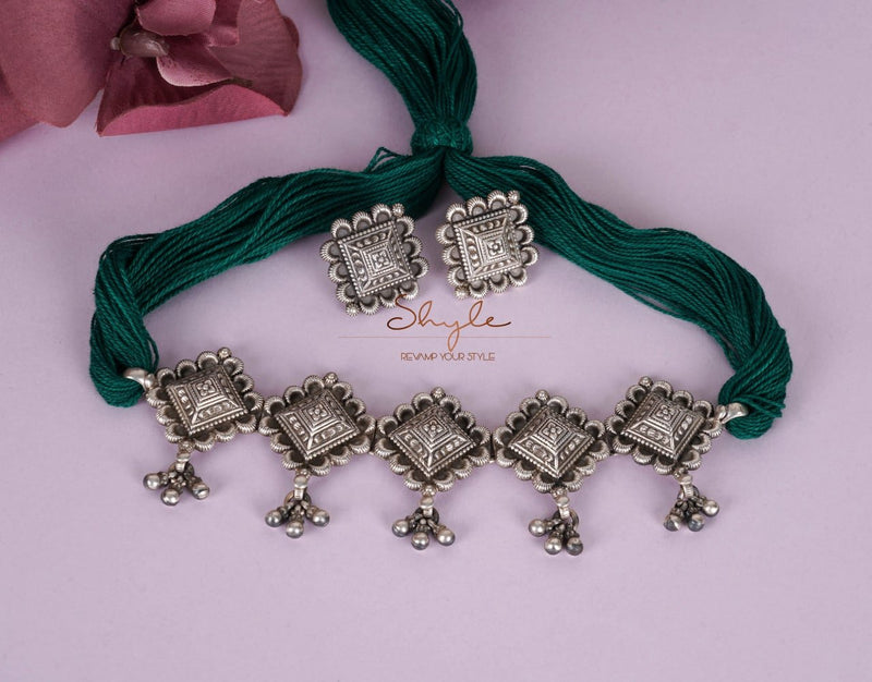 925 pure silver embossed motif ghughri sequence choker set, side view