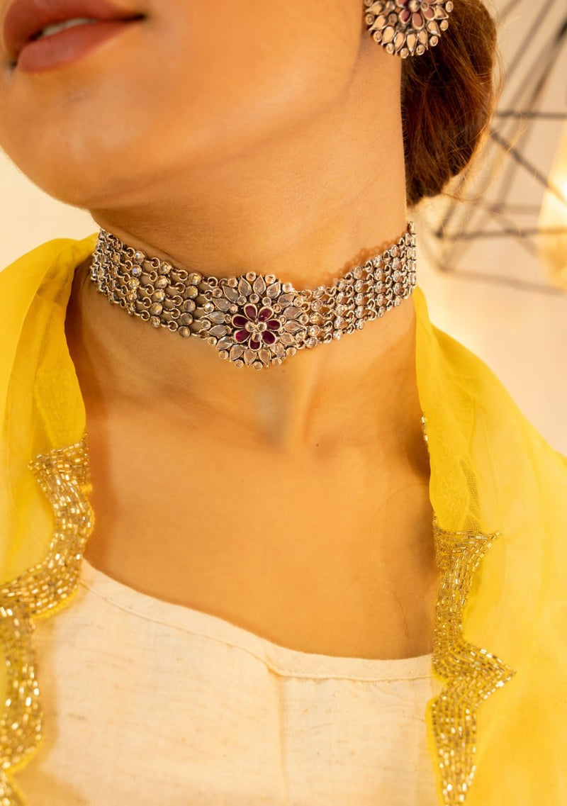925 pure silver flower motif scintillating statement choker, alternate view