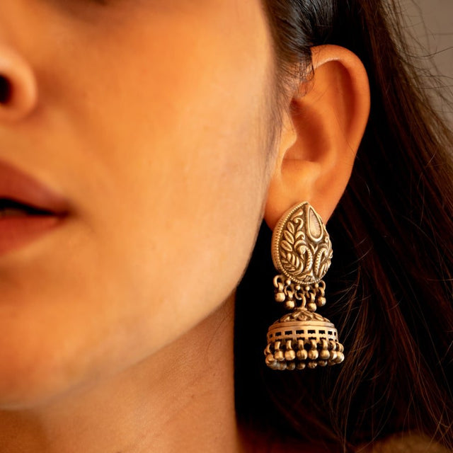 Moh Peacock Motif Embossed Classic Jhumki