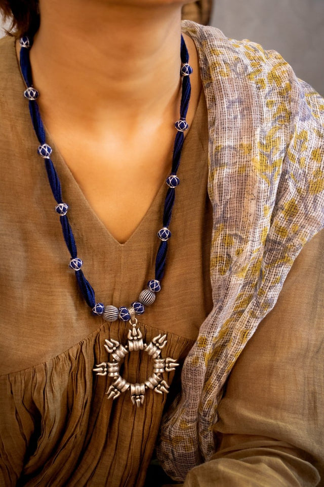 Anvaya Trishul Pendant Blue Dori Bead Necklace