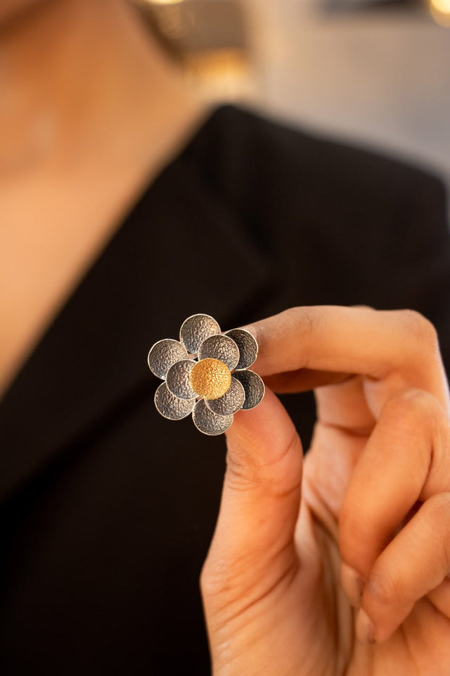 Adya Dual Tone Textured Flower Stud Earring
