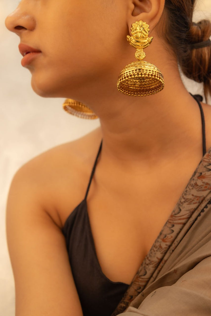 Dulari Intricate Flower Motif Gold Plated Grand Jhumka