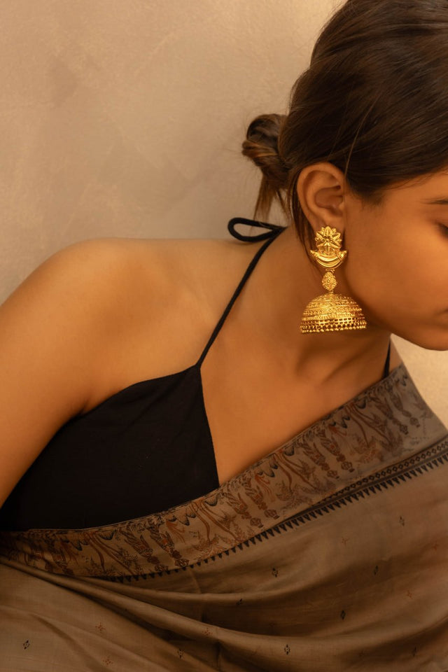 Dulari Intricate Flower Motif Gold Plated Grand Jhumka