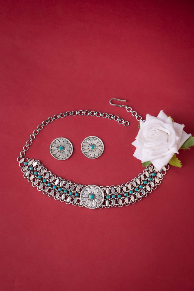 Mizoya Flower Motif Turquoise Jadau Choker Set