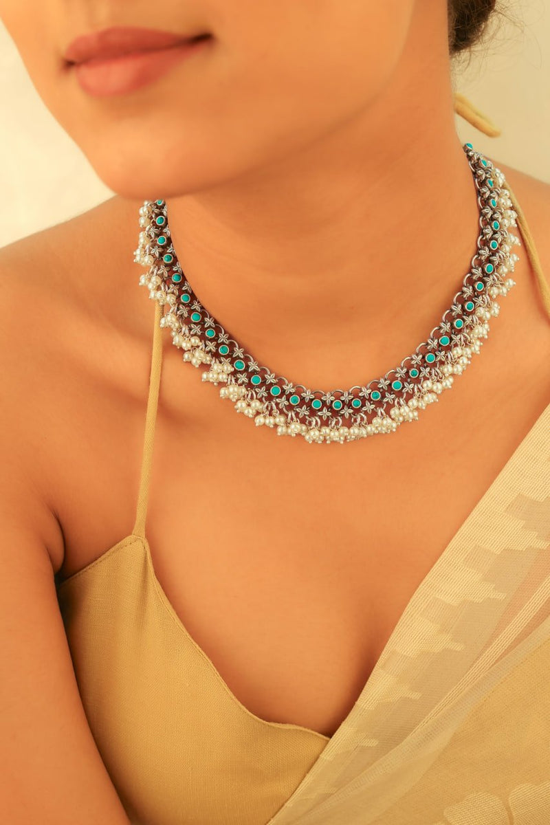 92.5 sterling silver Tattva Turquoise Jadau Pearl Drop Classic Necklace, view 2